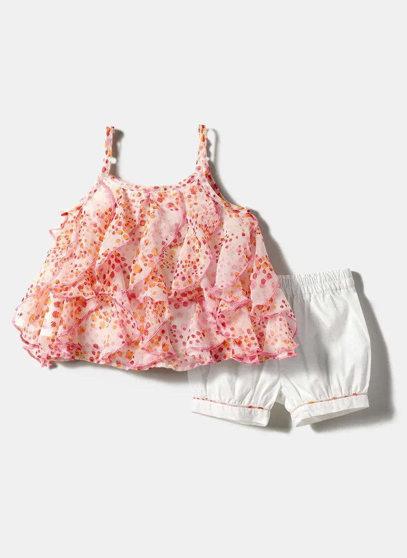 Nautinati Girls' Chiffon Blend All-over Floral Print Ruffled Top & Shorts Co-ord Set